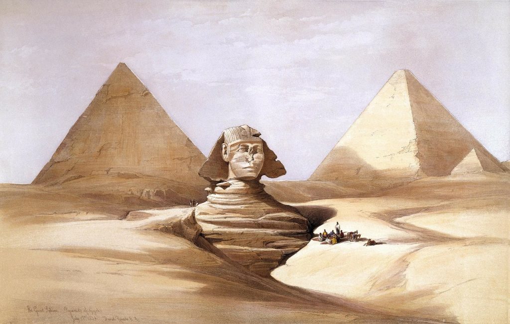 Dibujo de las pirámides de Egipto y de la esfinge.